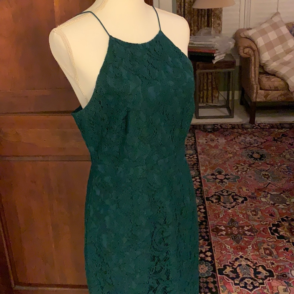 J Crew dress in a beautiful green color with a lace overlay.